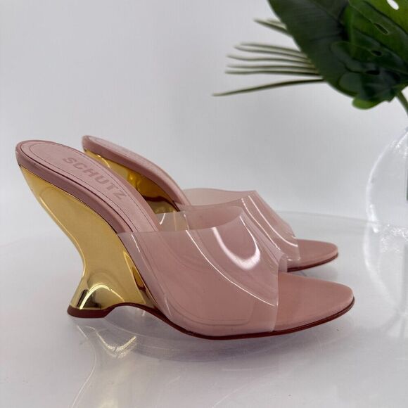 Schutz Womens Size 5.5 Aprill Vynil Slip On Open Toe Wedge Sandals Pink Gold - Picture 9 of 12